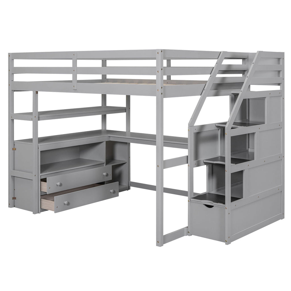 Loft Bed with Desk and Storage Staircase - Full or Twin, White or Gray