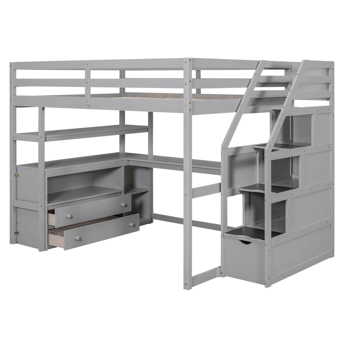 Loft Bed with Desk and Storage Staircase - Full or Twin, White or Gray
