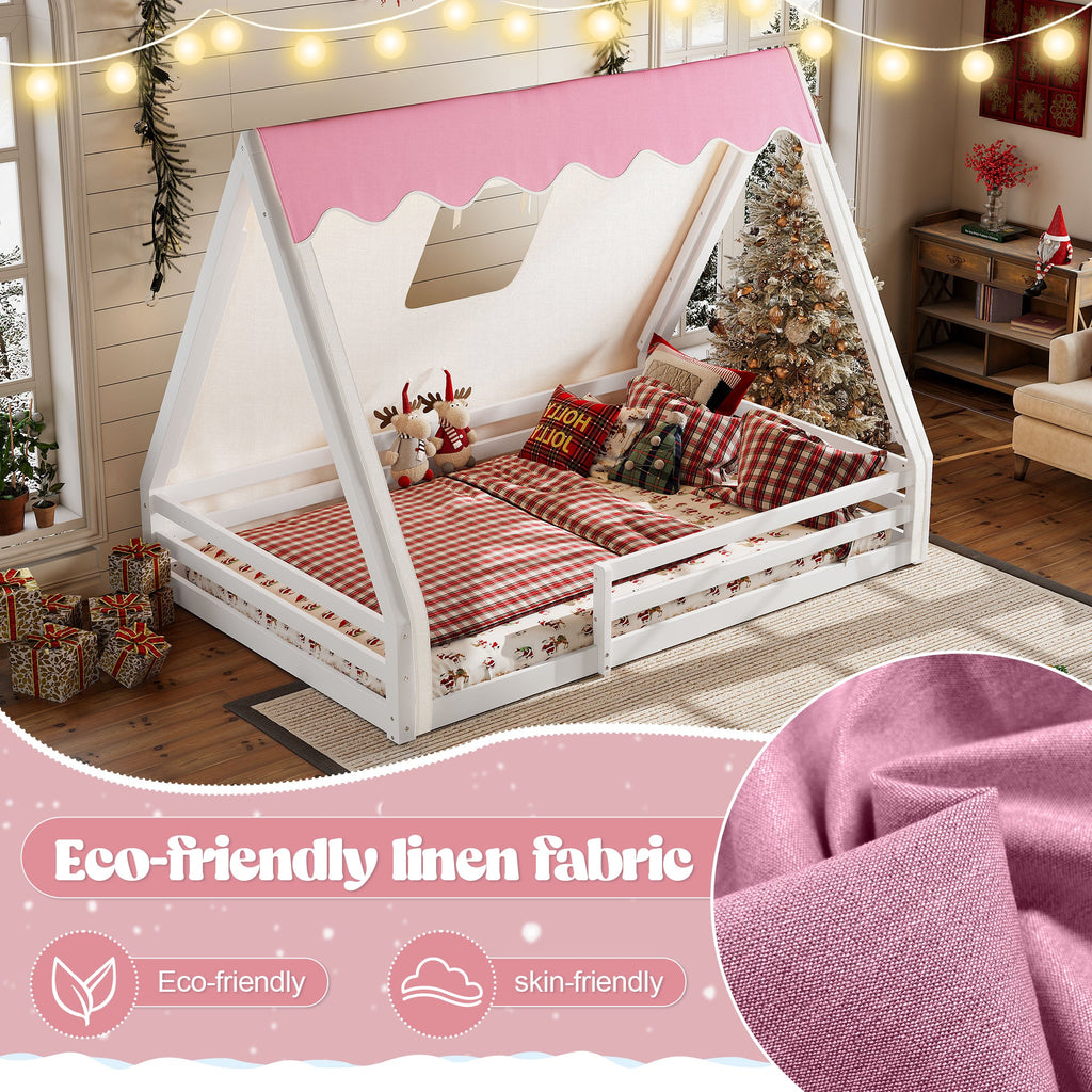 Full Size House Floor Bed with Tent and Light - Pine, MDF, and Plywood