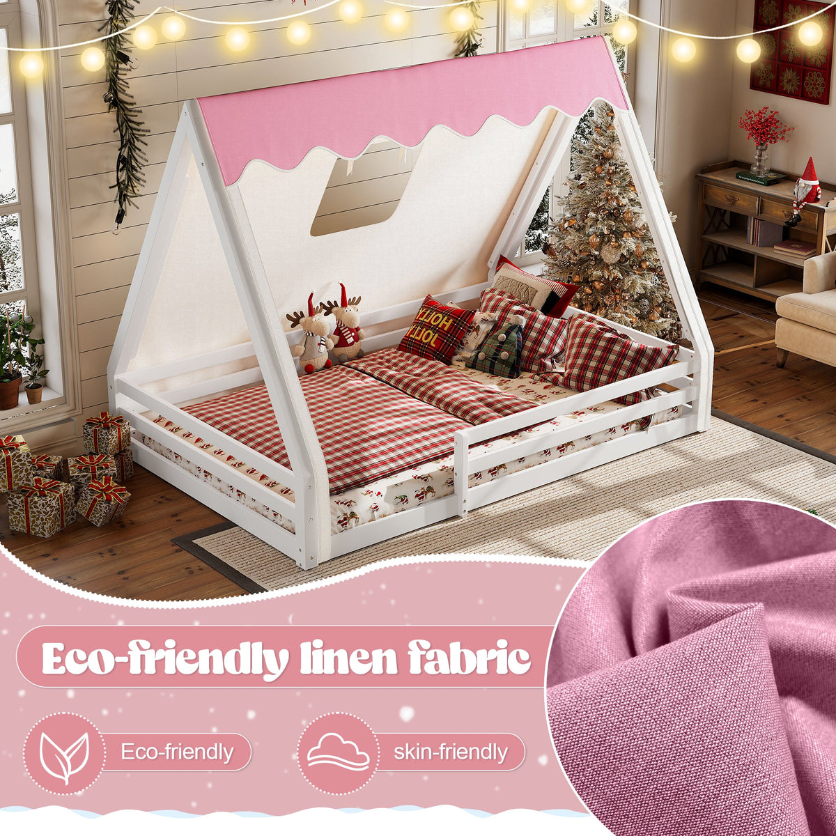 Full Size House Floor Bed with Tent and Light - Pine, MDF, and Plywood