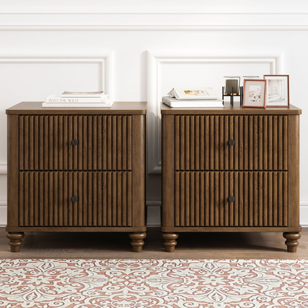 Fluted Nightstand with 3 Drawers - Set of 2 - Dark Brown or Beige