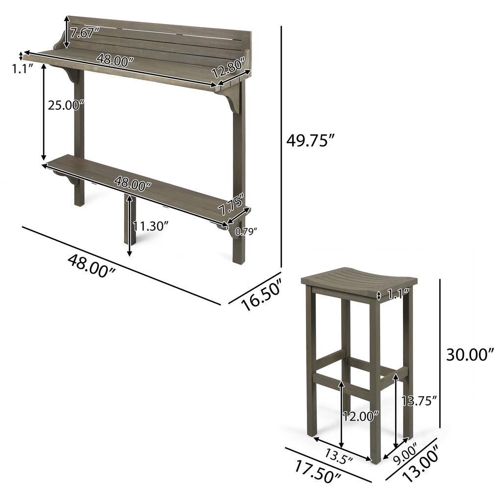 3-Piece Balcony Bar Set with Bottom Shelf Table and 2 Stools, Grey Finish