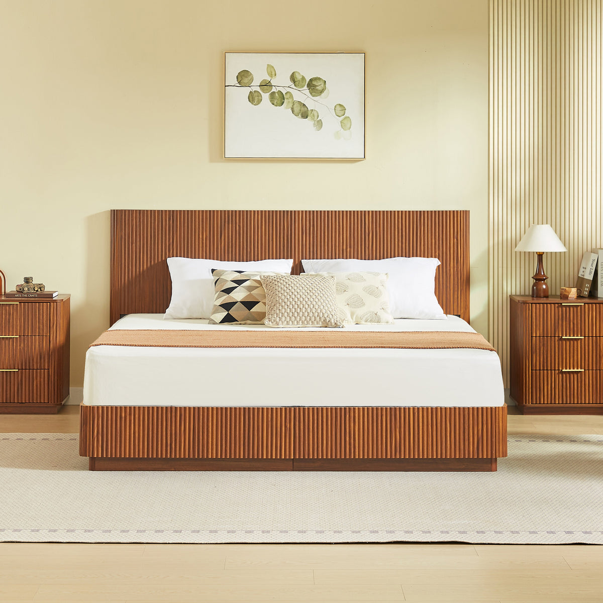 King Size Bed Frame with LED Lights - Walnut