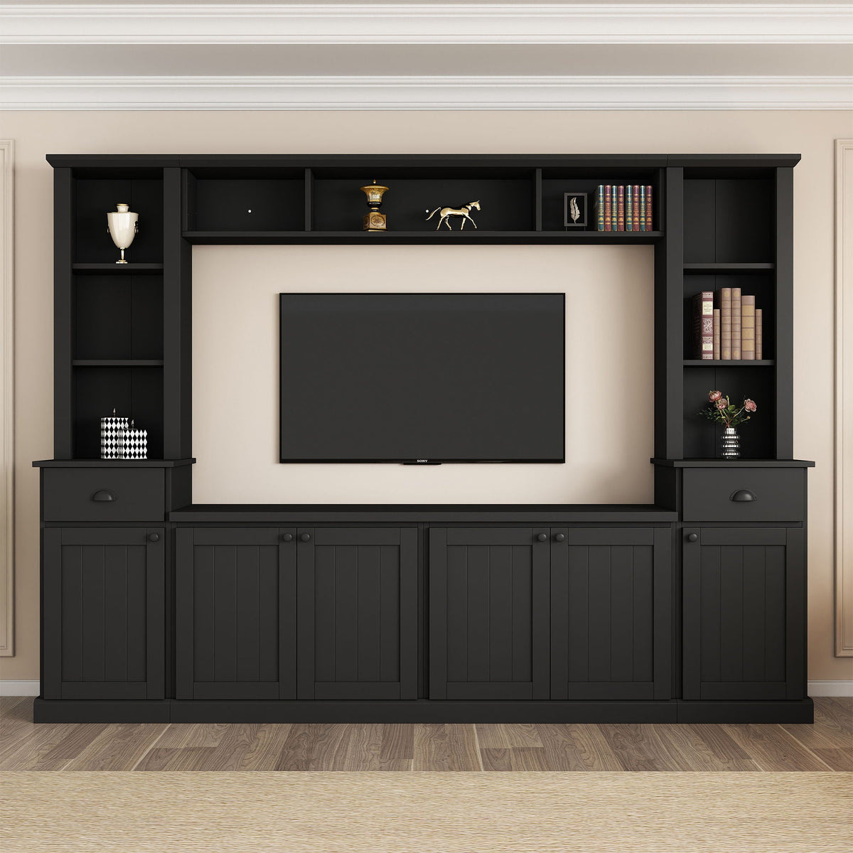 Minimalist Entertainment Wall Unit Set with Adjustable Bridge for TVs Up to 75" - White or Black
