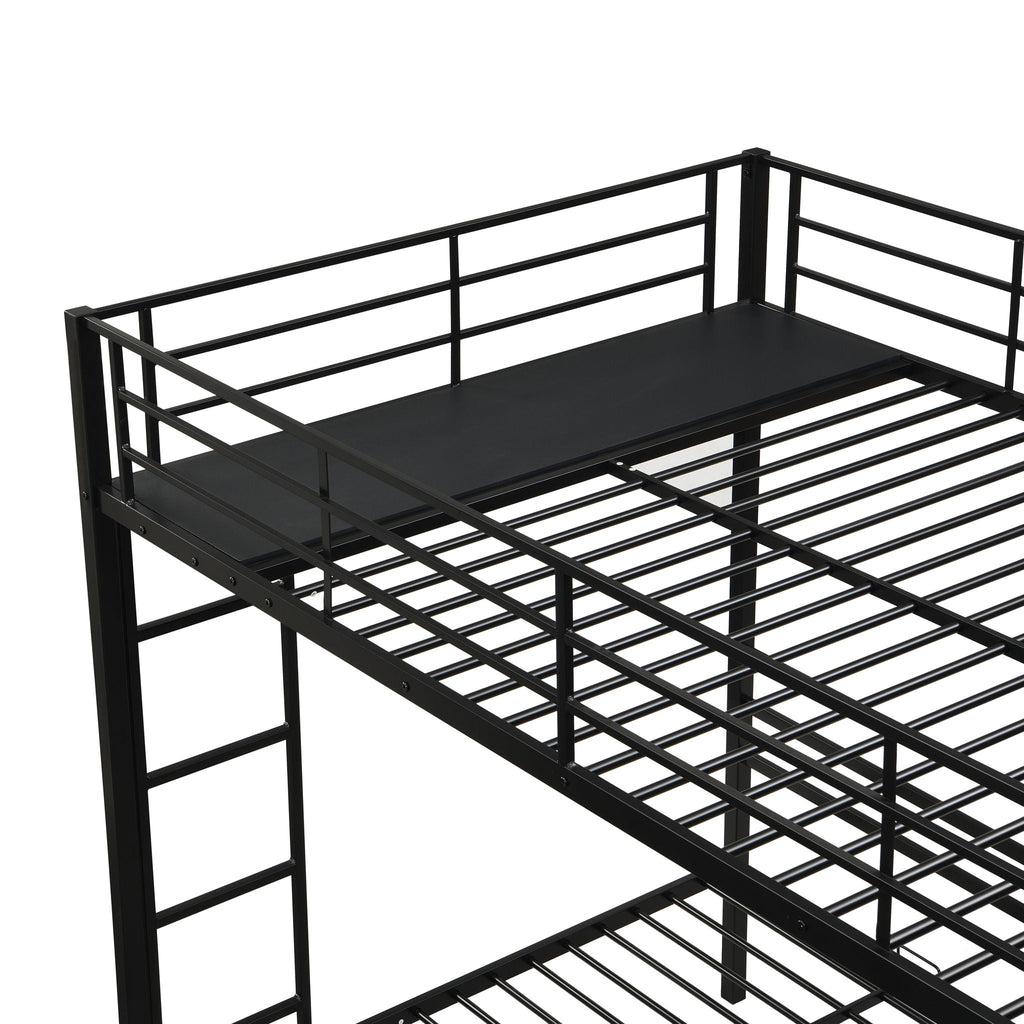 Modern Metal Triple Bunk Bed With Vertical Ladder, Safety Rail, And Storage Shelf - Black