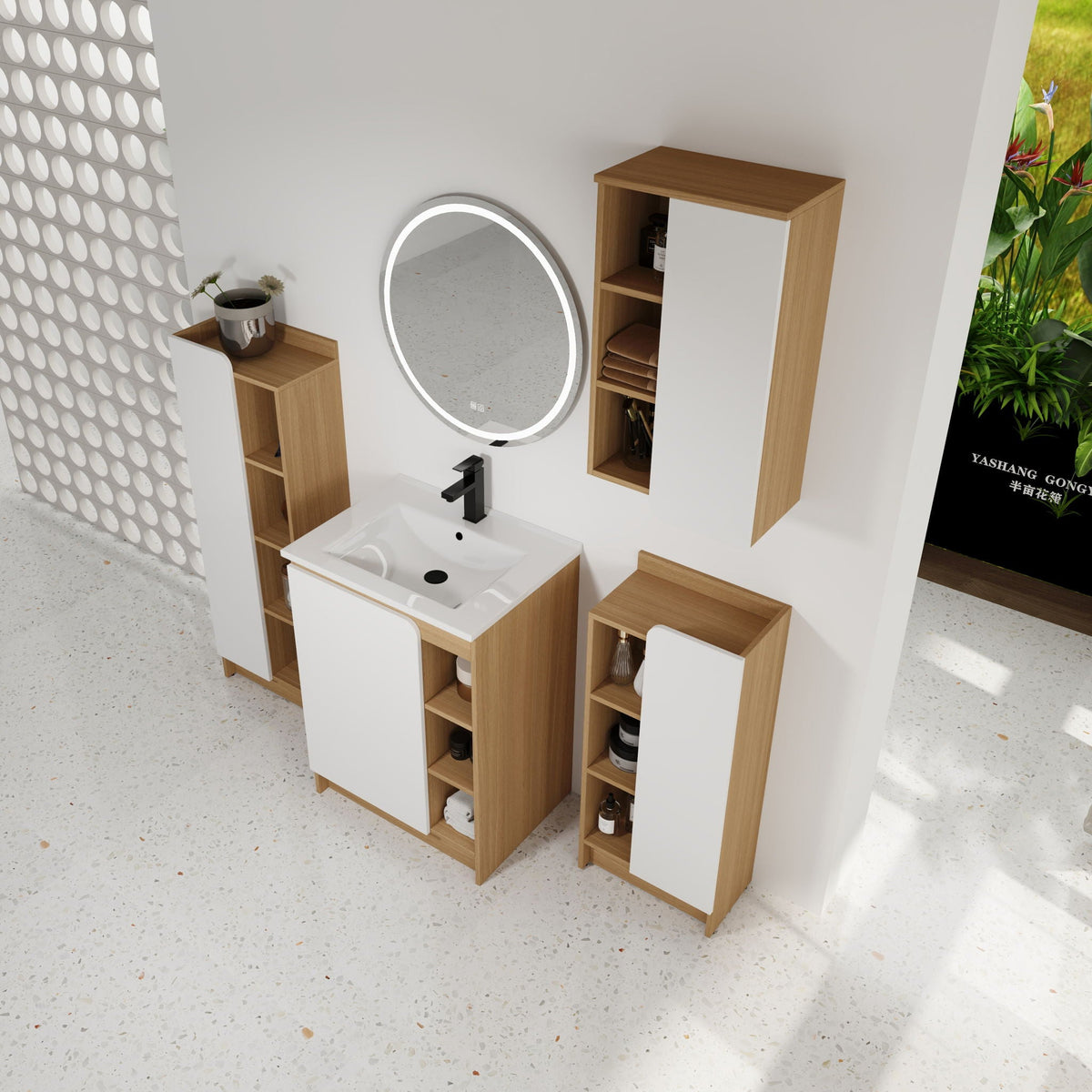 4 Piece Bathroom Vanity Set with Integrated Ceramic Sink and Storage - Black, Light Oak, White
