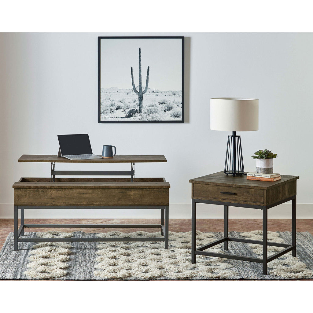 Square End Table with 1 Drawer – Metal Base – Brown