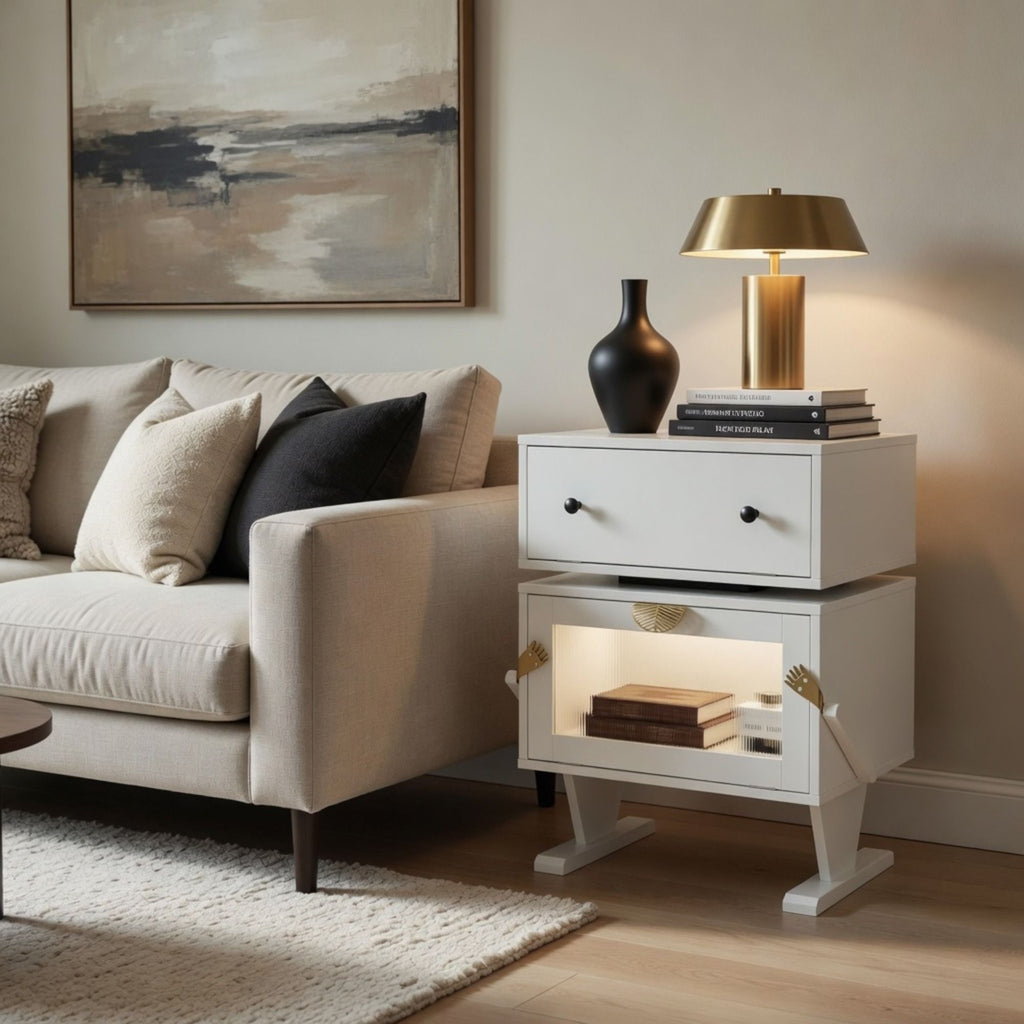 Robot LED Nightstand with 360° Rotating Drawer - White, Pink, or Green