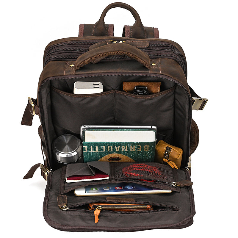 Full Grain Leather Travel Backpack Mens Large Leather Backpack Laptop Backpack Convertible Handbag