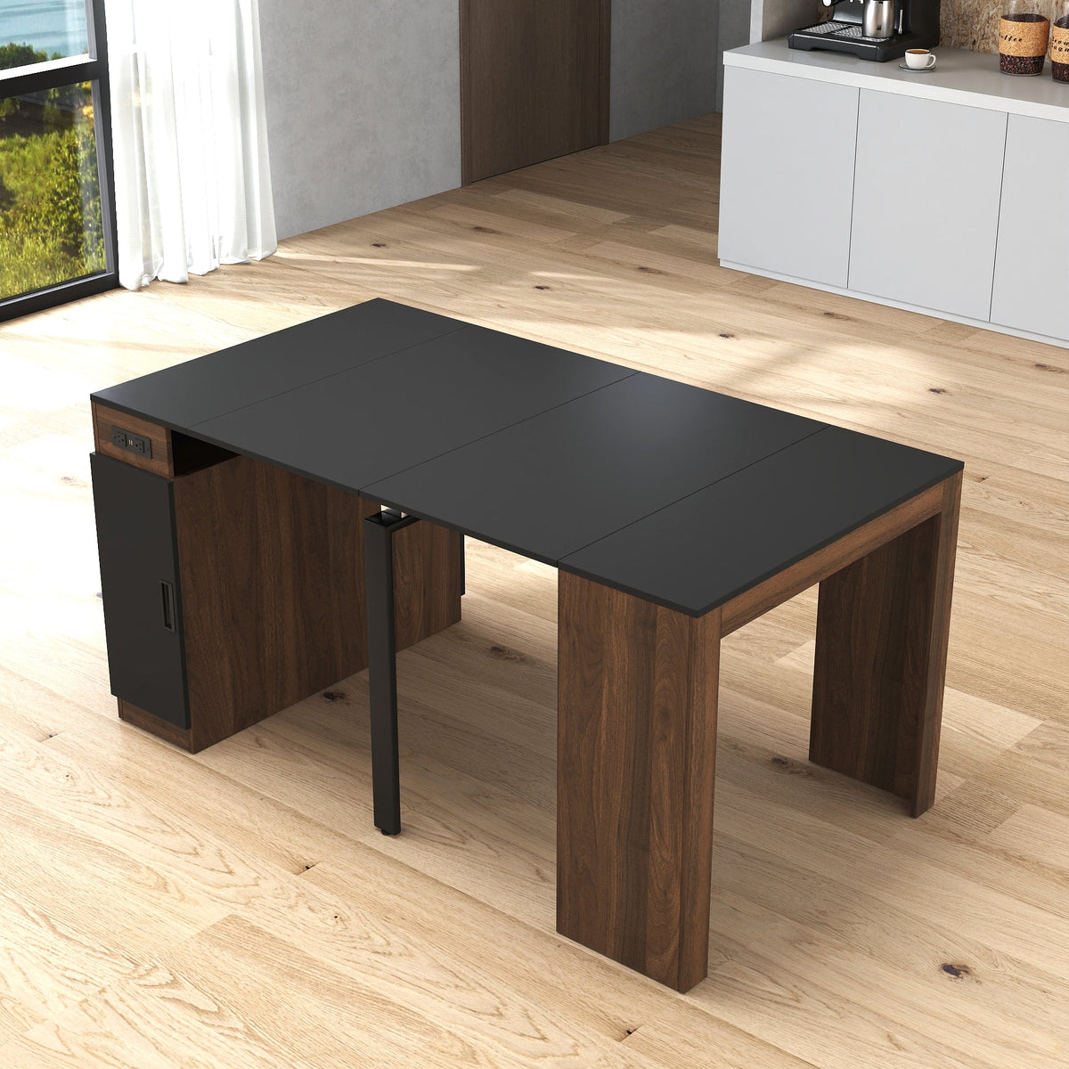 Modern Multifunctional Extendable Dining Table with Outlet - Walnut+Black or White