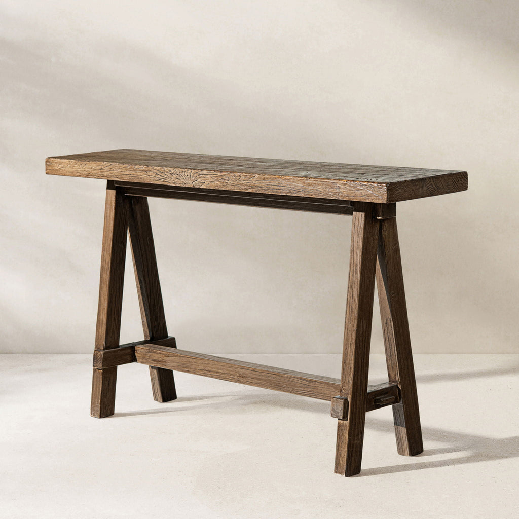 Trestle Coffee Table with Solid Reclaimed Elm Construction - Dark or Light Brown