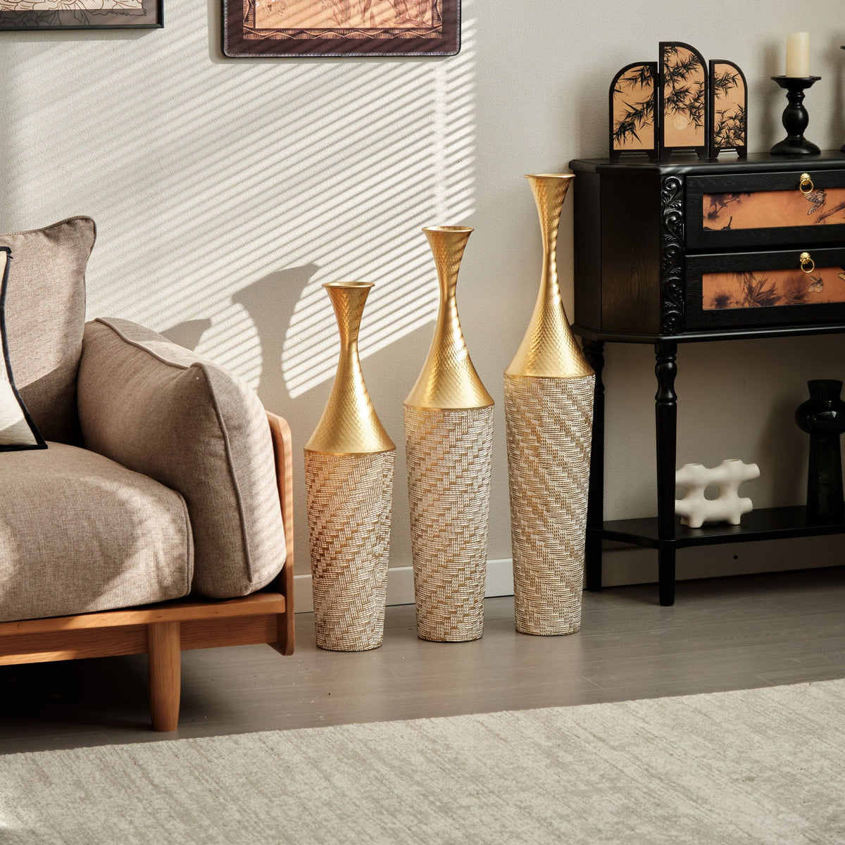 Champagne Floor Metal Vase 3-Piece Set with Woven Pattern - Modern Style