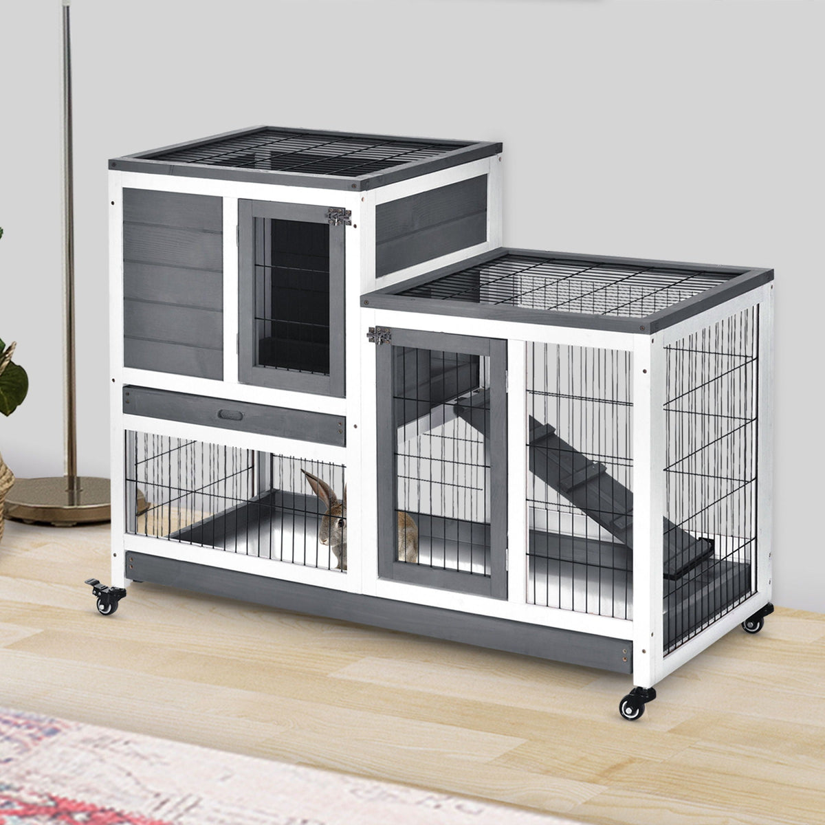 Wooden Rabbit Hutch with Wheels and Removable Tray - Gray