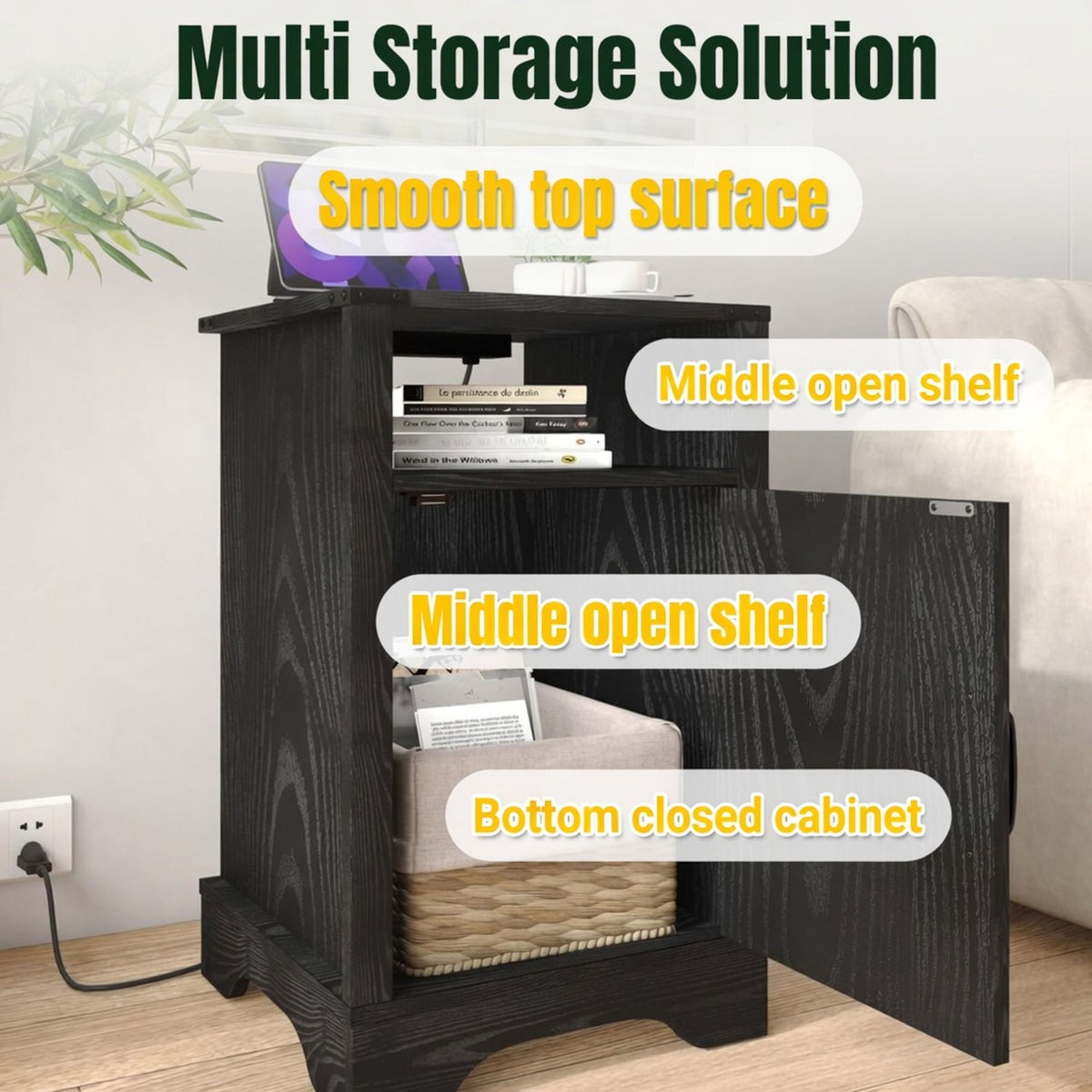 Farmhouse Nightstand with Charging Station & Storage - Multiple Colors