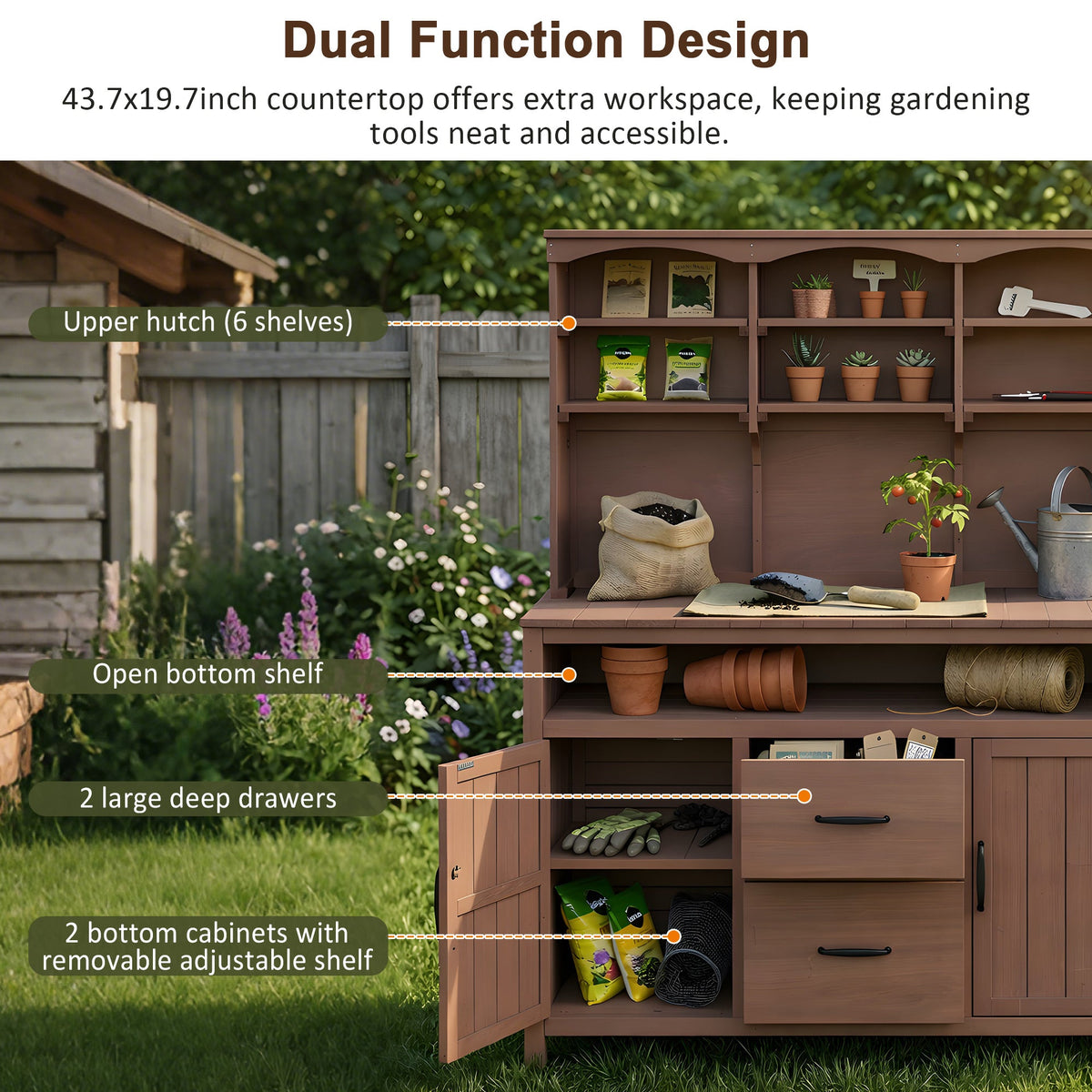 Large Fir Wood Potting Bench with Hutch and Storage - Brown