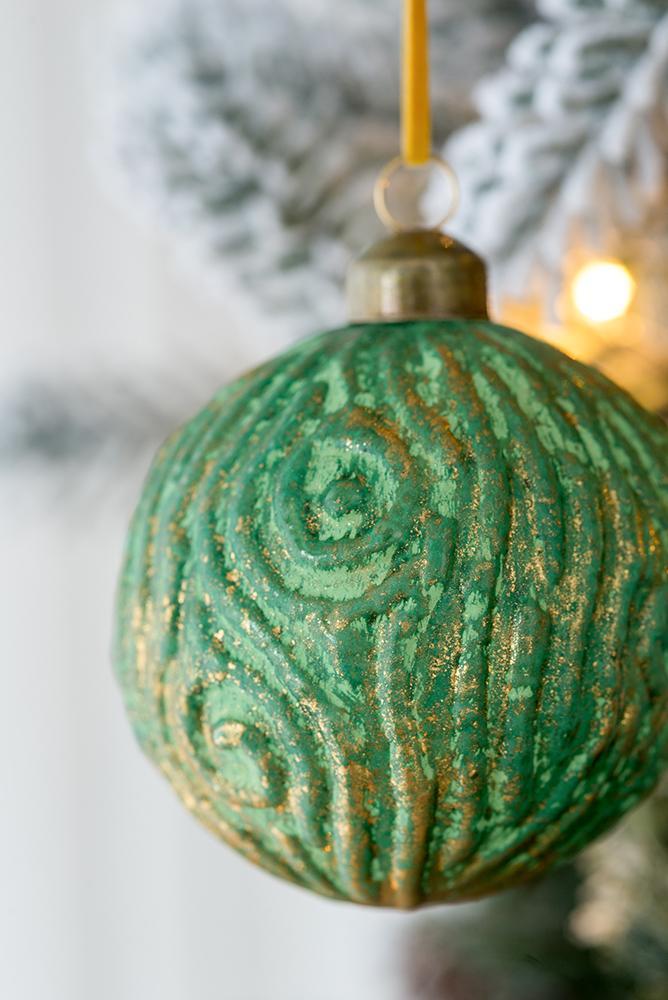 Glass Christmas Ball Ornaments with Decorative Finish - Green, Gold, Red