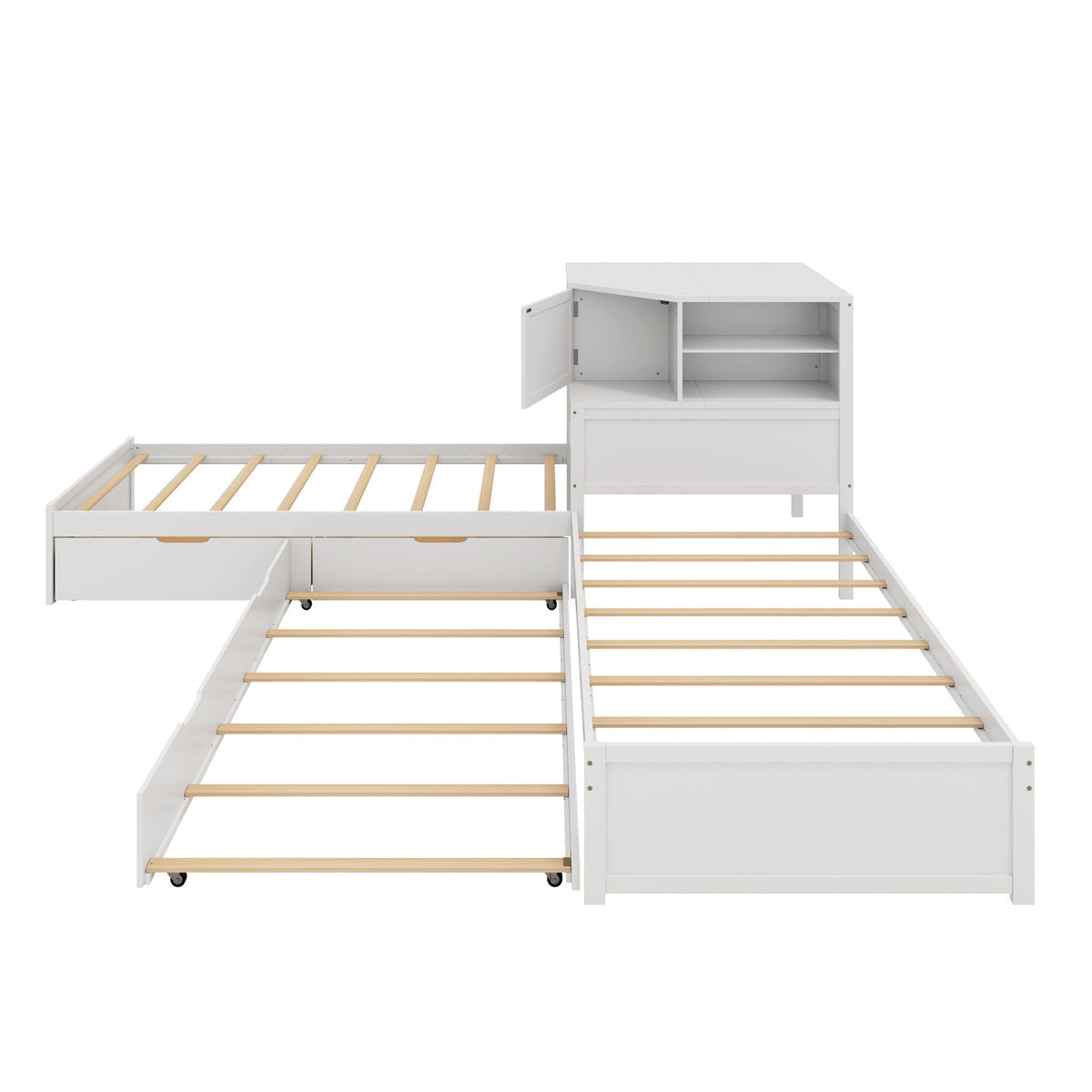 L-Shaped Bed Frame with Trundle, Desk & LED Lighting - Twin