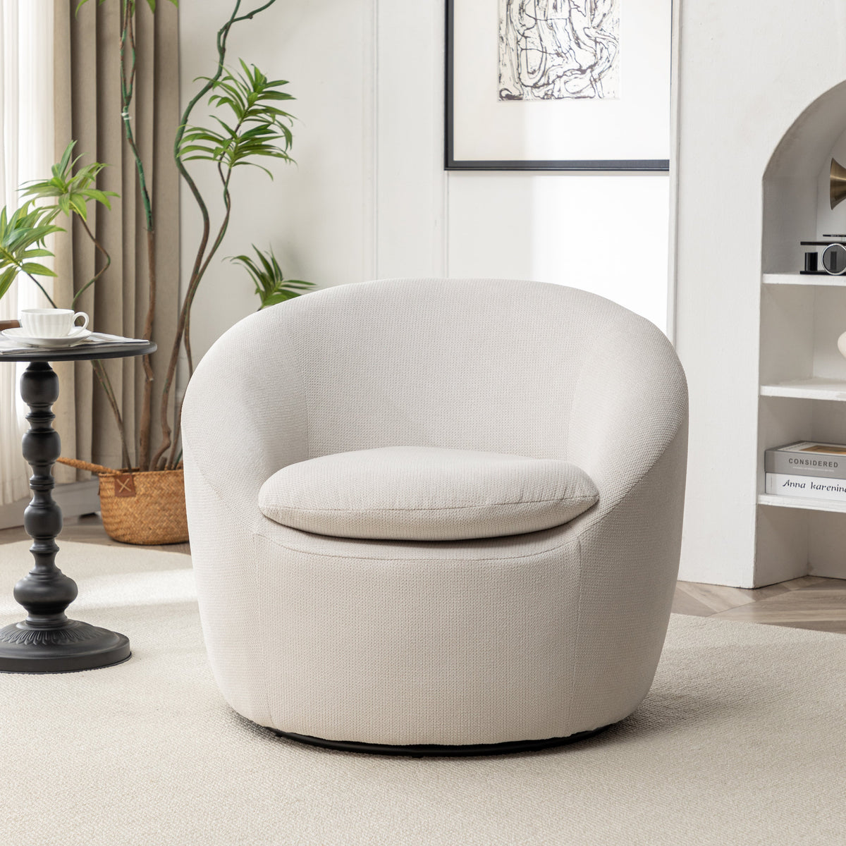 Winnie Modern Teddy Fabric Barrel Chair with 360° Swivel - Beige