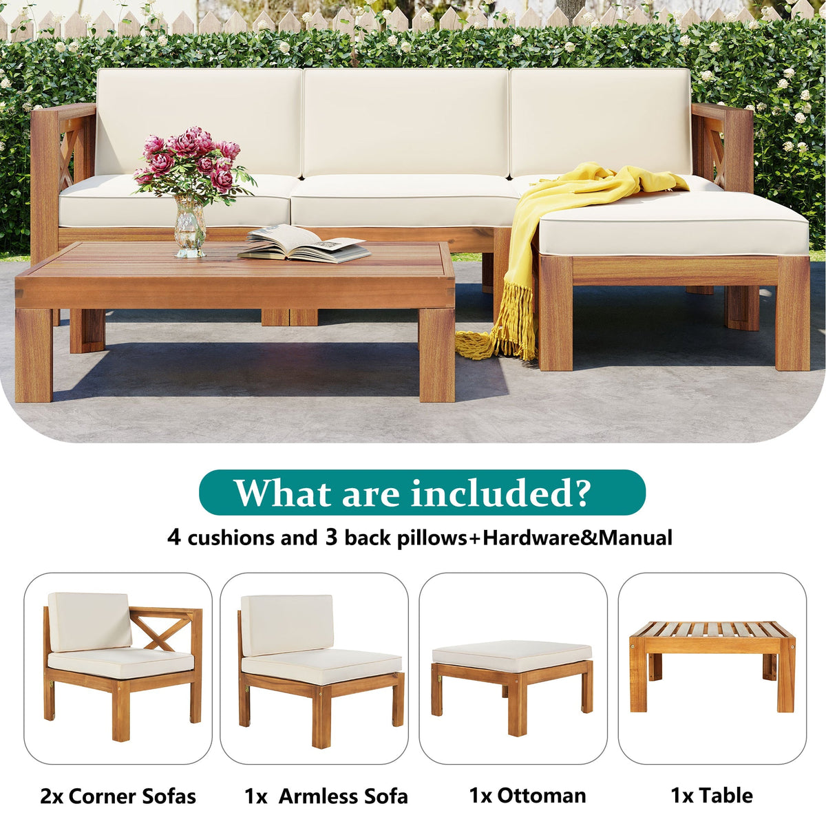 Acacia Wood Outdoor Sectional Sofa Set with Water-Resistant Cushions - Beige