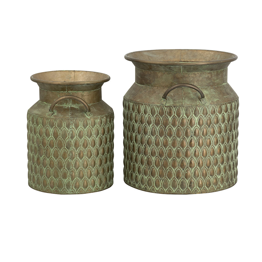 Iron Milk Jug Planters with Textured Green Finish – Set of 2