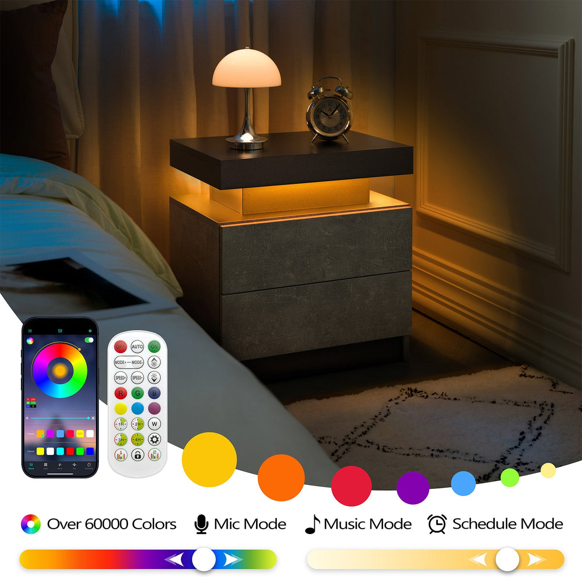 Modern LED Nightstand with Adjustable Lighting and 2 Drawers - Neutral Finish