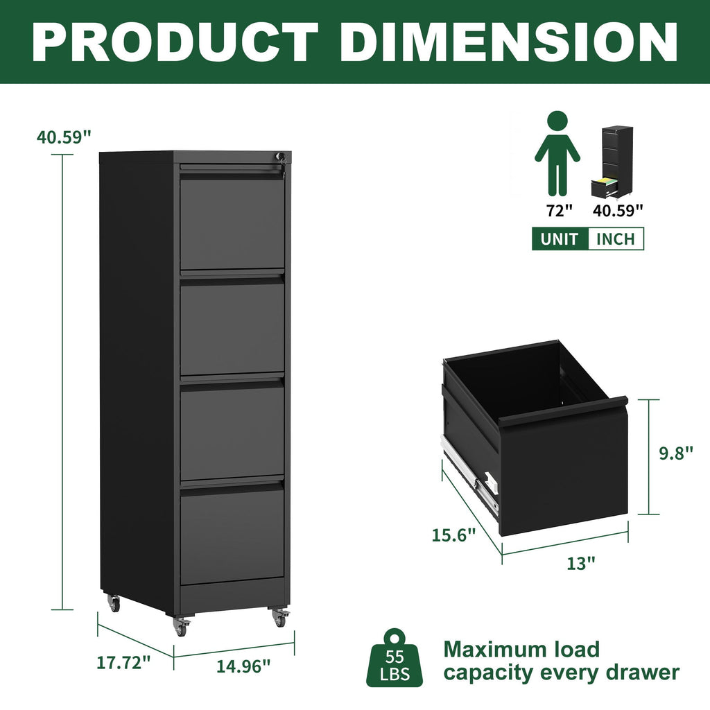 Metal Vertical File Cabinet with Locking Drawers and Wheels - Black or White