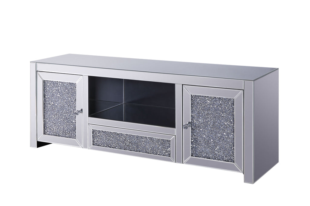 Mirrored TV Stand with Faux Diamonds and Storage - Silver