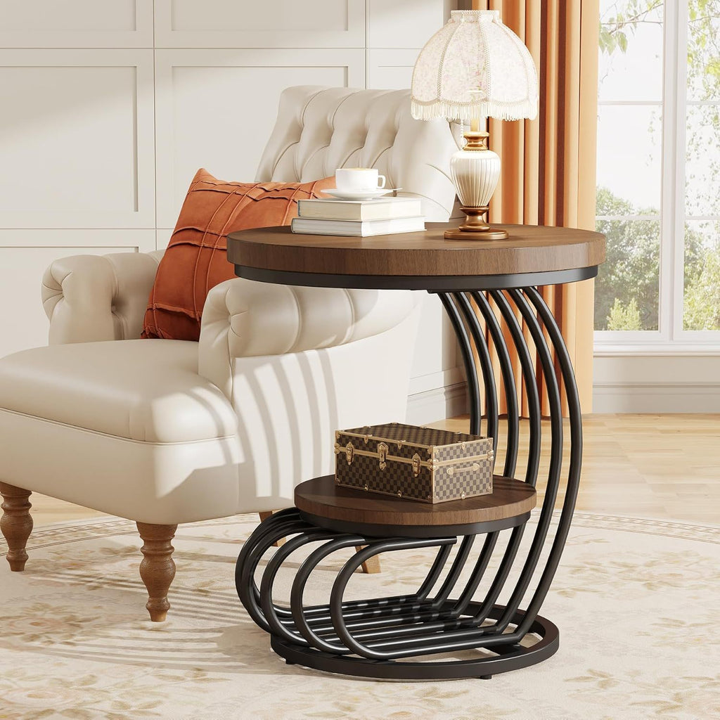 Round Vintage End Table with 2 Tier Storage - Dark Brown, Light Brown, White