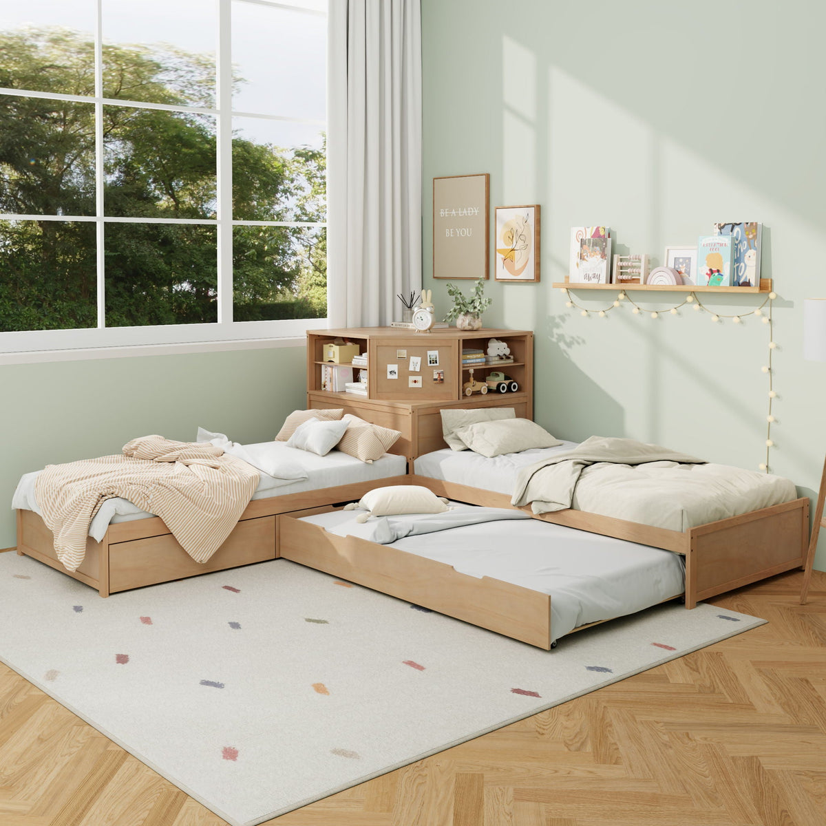 L-Shaped Bed Frame with Trundle, Desk & LED Lighting - Twin