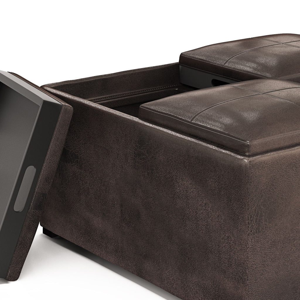 Upholstered Square Coffee Table Storage Ottoman with Flip Serving Trays - Black or Dark Brown