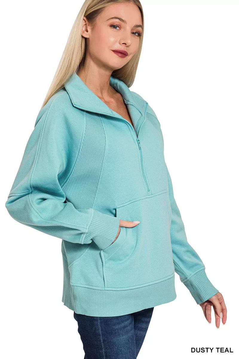 Zenana Half Zip Fleece Sweatshirt with kangaroo Pocket
