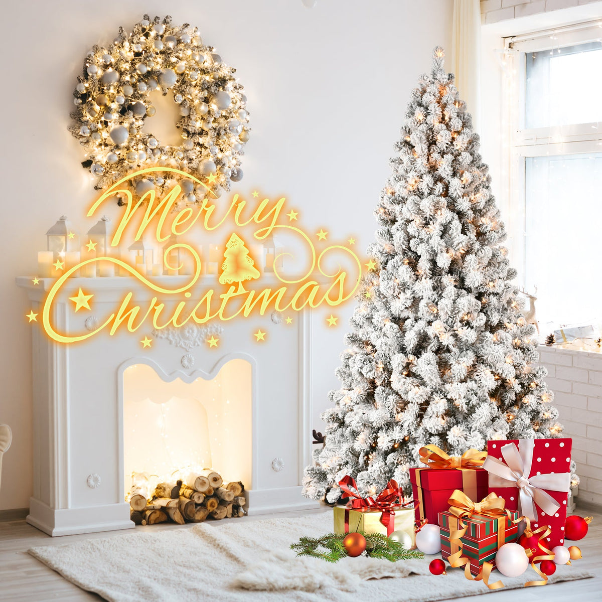 6ft Flocked Pre-Lit Christmas Tree with 300 Warm White Lights - Snow Effect