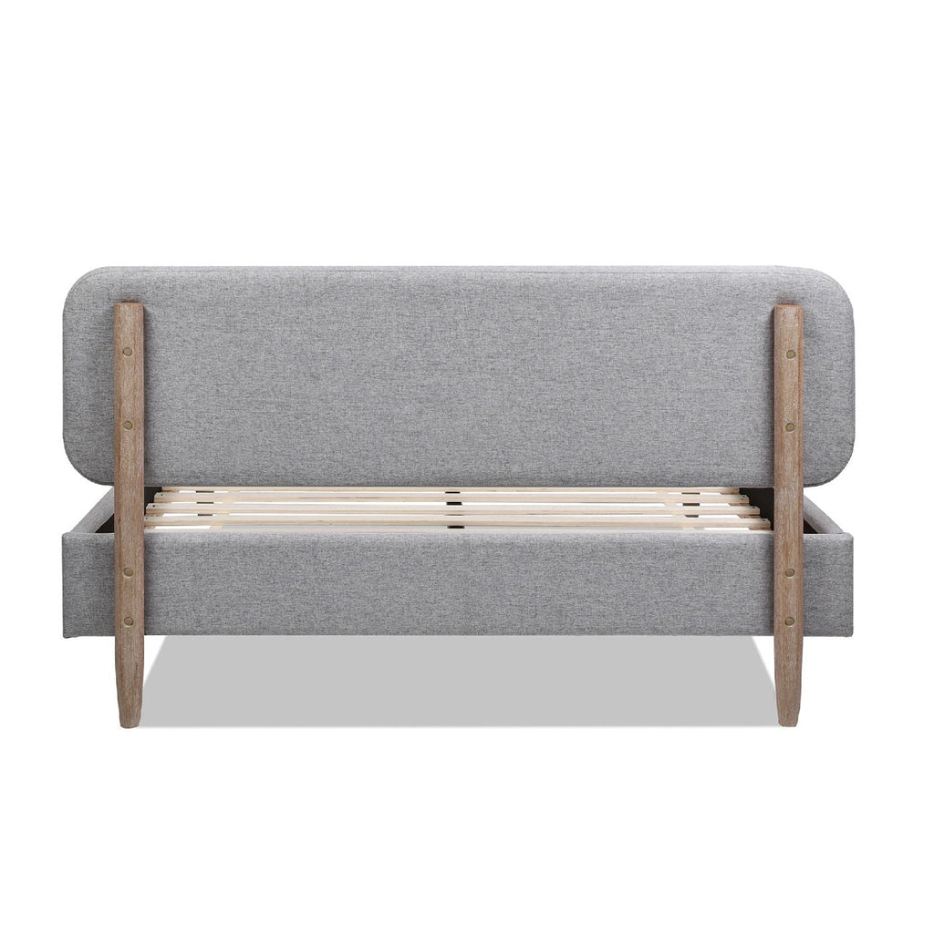 Low Upholstered Platform Bed with Natural Wood Legs - Gray