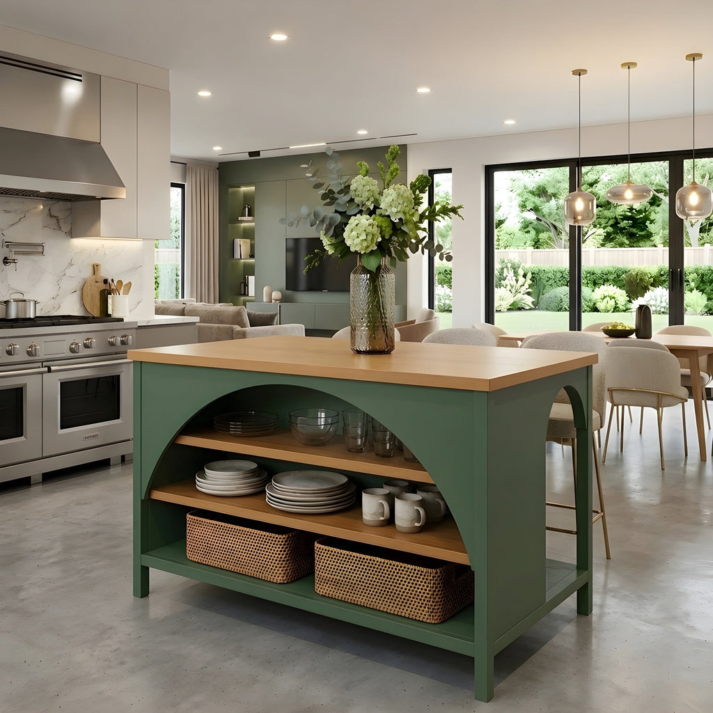 56" Farmhouse Kitchen Island with Open Storage – Green/Natural or White+Natural
