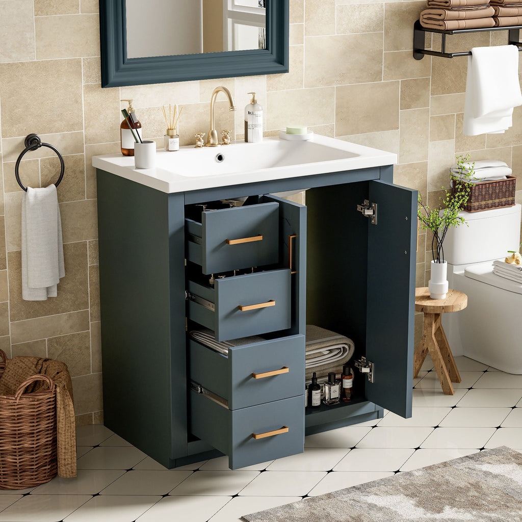 Ceramic Sink Vanity Combo with 3 Drawers and Soft Closing Doors - 30"