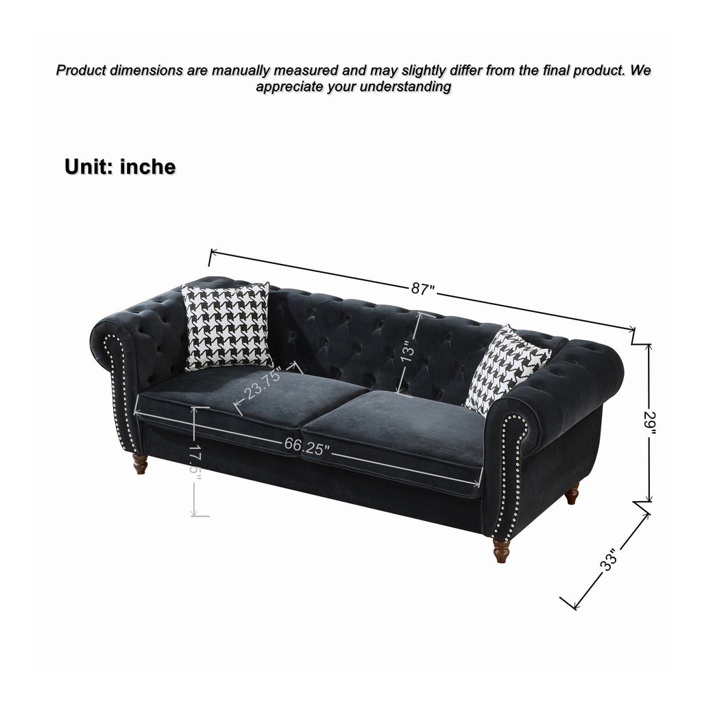 Chesterfield 3 And 2 Seater Upholstery Sofa with Roll Armrest & Nailhead Fabric Couch - Black