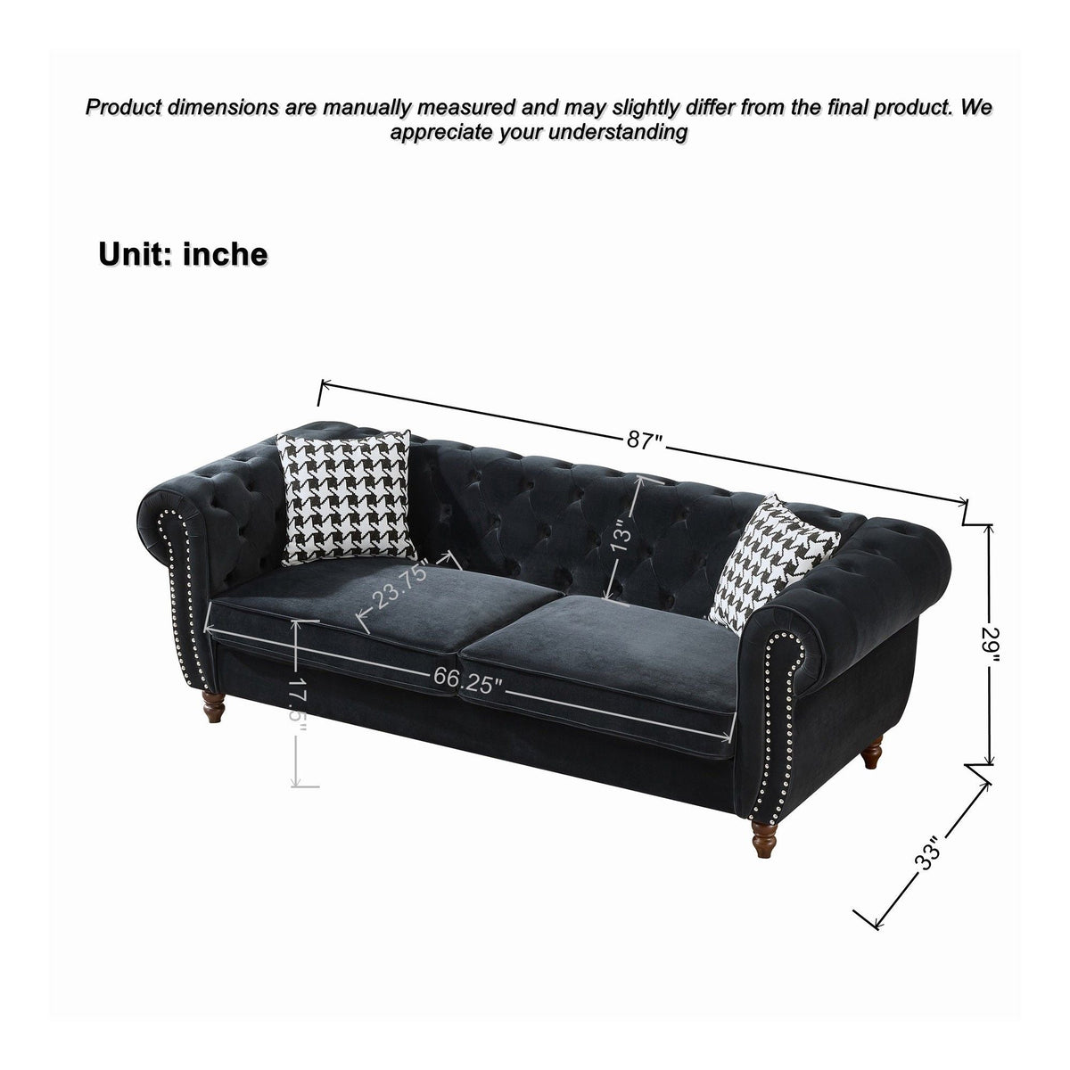 Chesterfield 3 And 2 Seater Upholstery Sofa with Roll Armrest & Nailhead Fabric Couch - Black