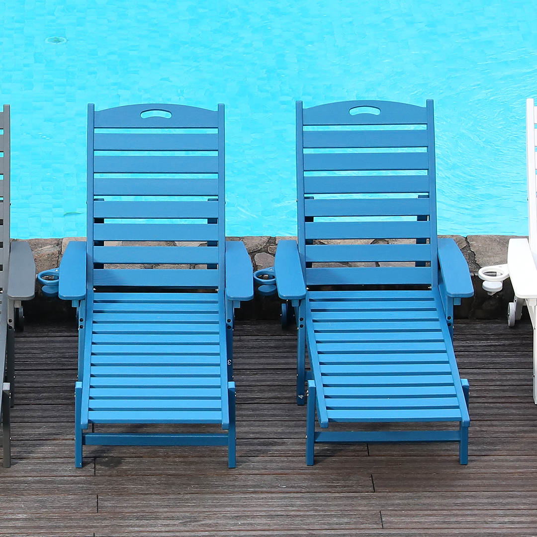 HDPE Outdoor Chaise Lounge Chair with Adjustable Backrest - Navy Blue