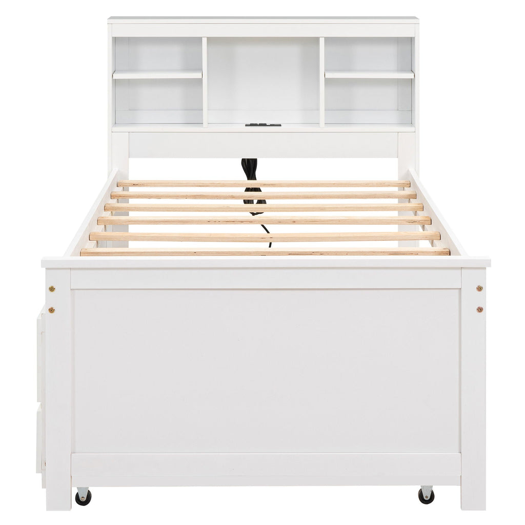 Platform Bed with Storage Headboard, USB, Trundle & 3 Drawers - Twin or Full