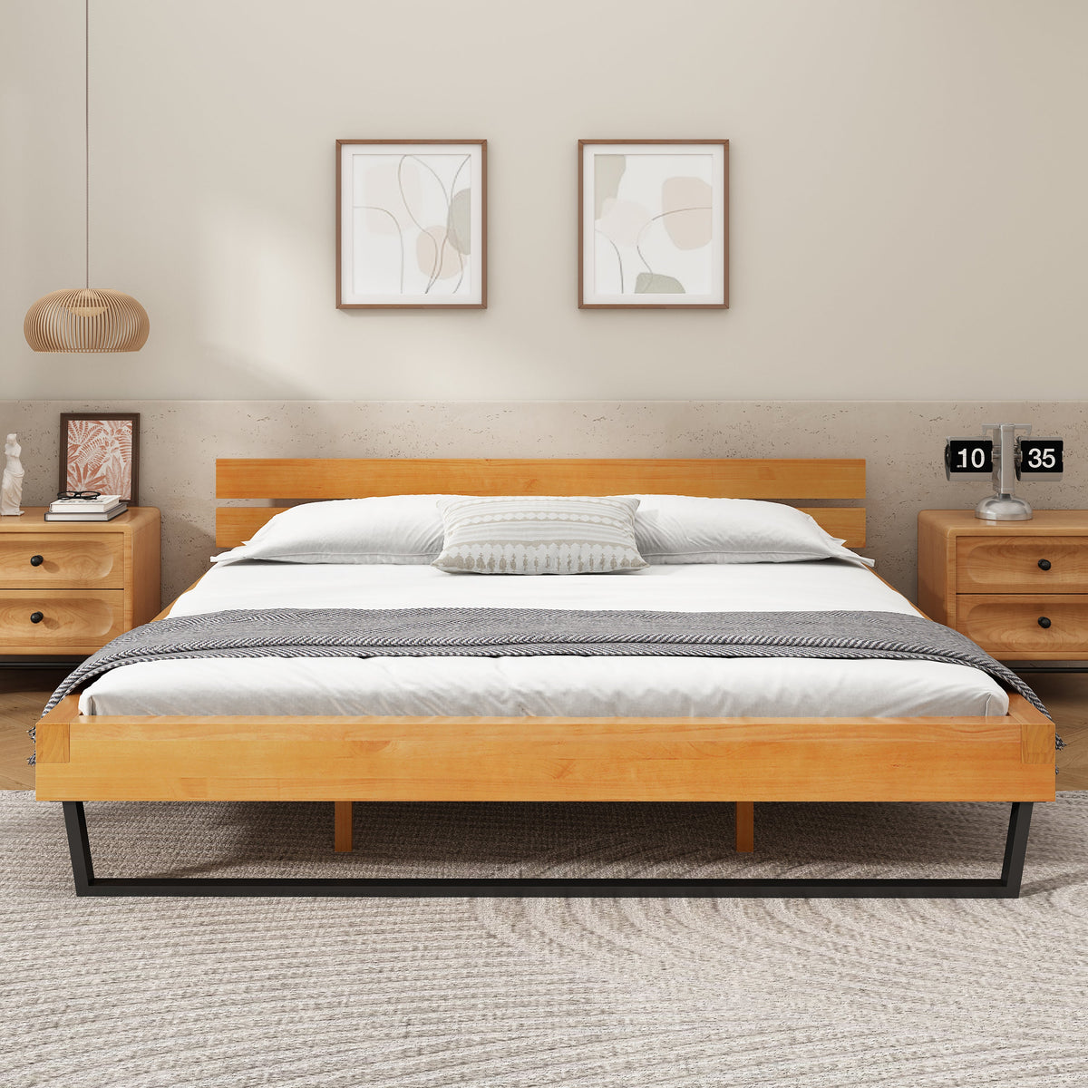 Pine Wood King Bed Frame with Iron Accents - Natural/Black