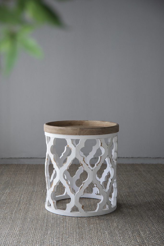 Rustic Round Wooden Side Table with Lattice Detail - Light Brown