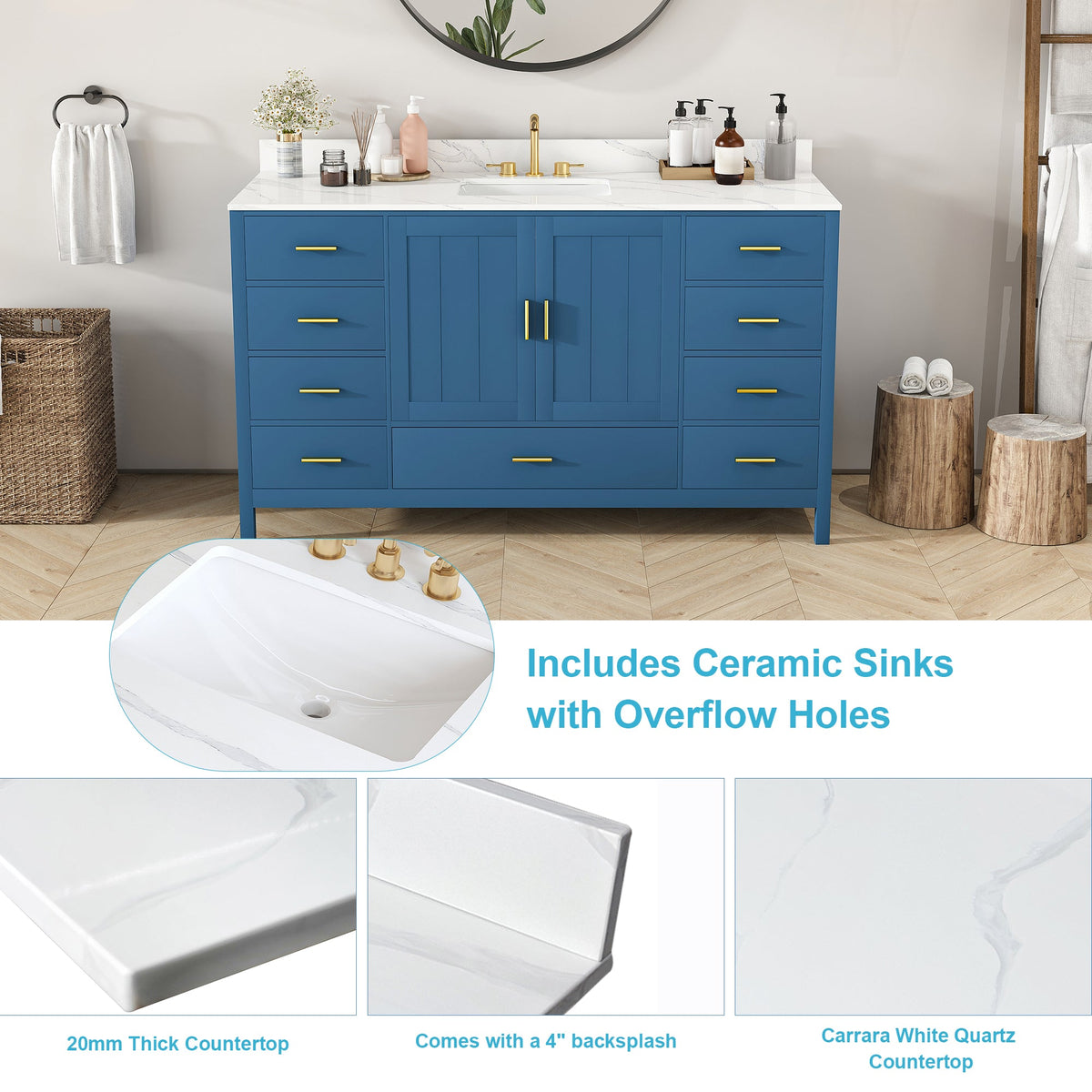 60" Solid Wood Bathroom Vanity with Carrara Sink - Blue or White