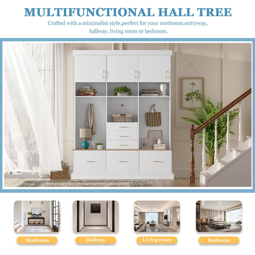 Entryway Hall Tree With Bench and Storage, 5 in 1 Coat Rack – Black or White