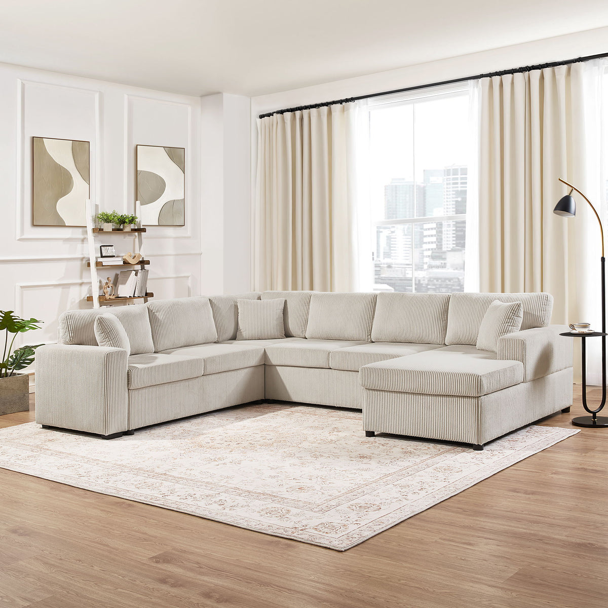 Oversized Sectional U-Shaped Sofa With Chaise Lounge And Three Soft Throw Pillows