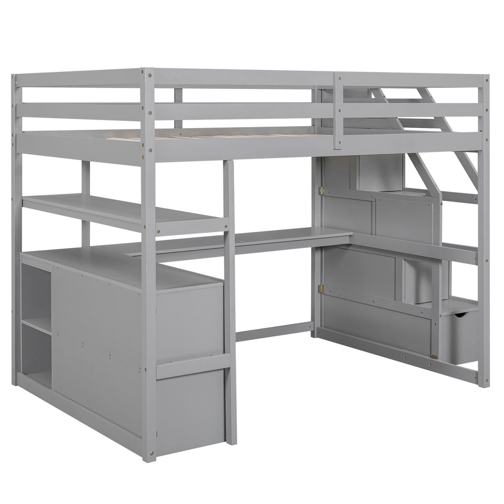 Loft Bed with Desk and Storage Staircase - Full or Twin, White or Gray