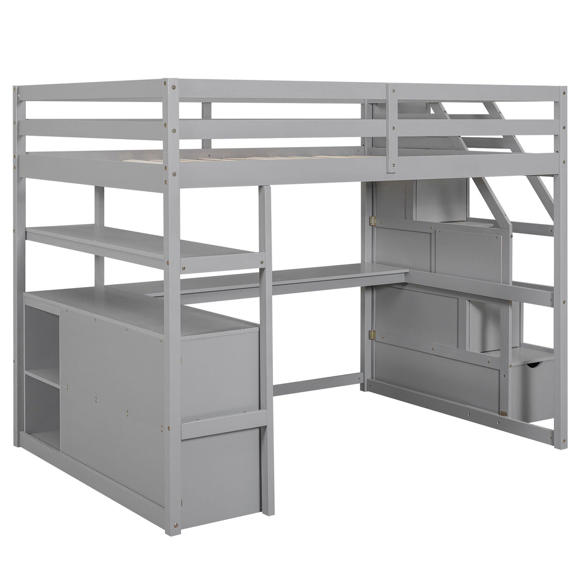 Loft Bed with Desk and Storage Staircase - Full or Twin, White or Gray