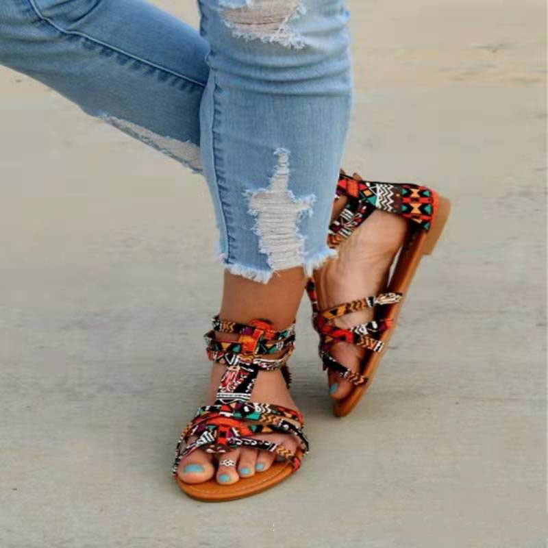 Women's Sandals Summer Shoes Leather Sandals Flats Summer Woman Beach Sandals Arch Support Casual Comfort Retro Slip On Summer Sandal Ladies Casual Beach Flats