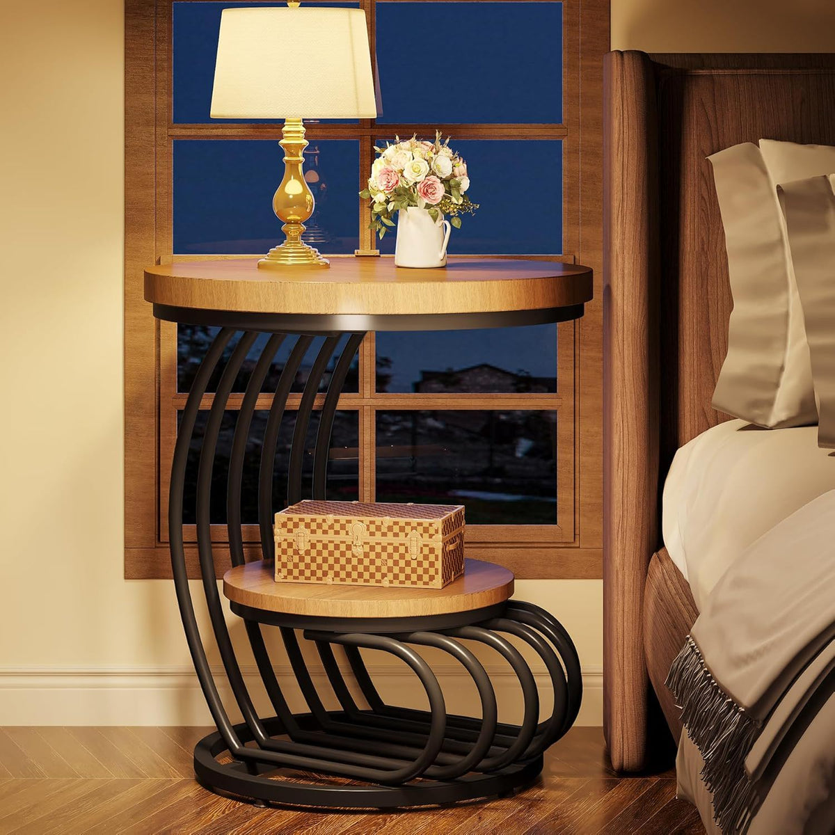 Round Vintage End Table with 2 Tier Storage - Dark Brown, Light Brown, White