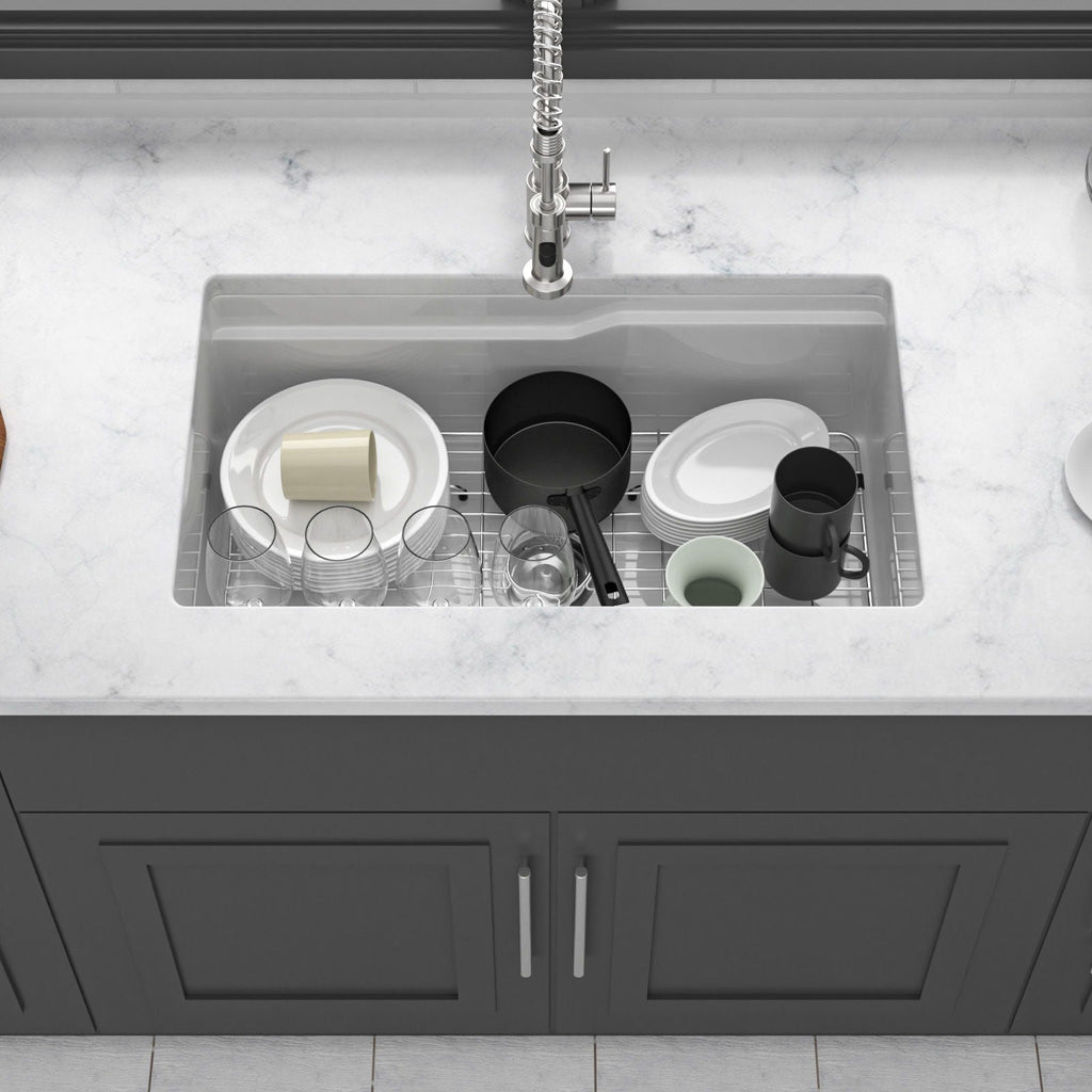 Porcelain Undermount Workstation Single Bowl Kitchen Sink – White