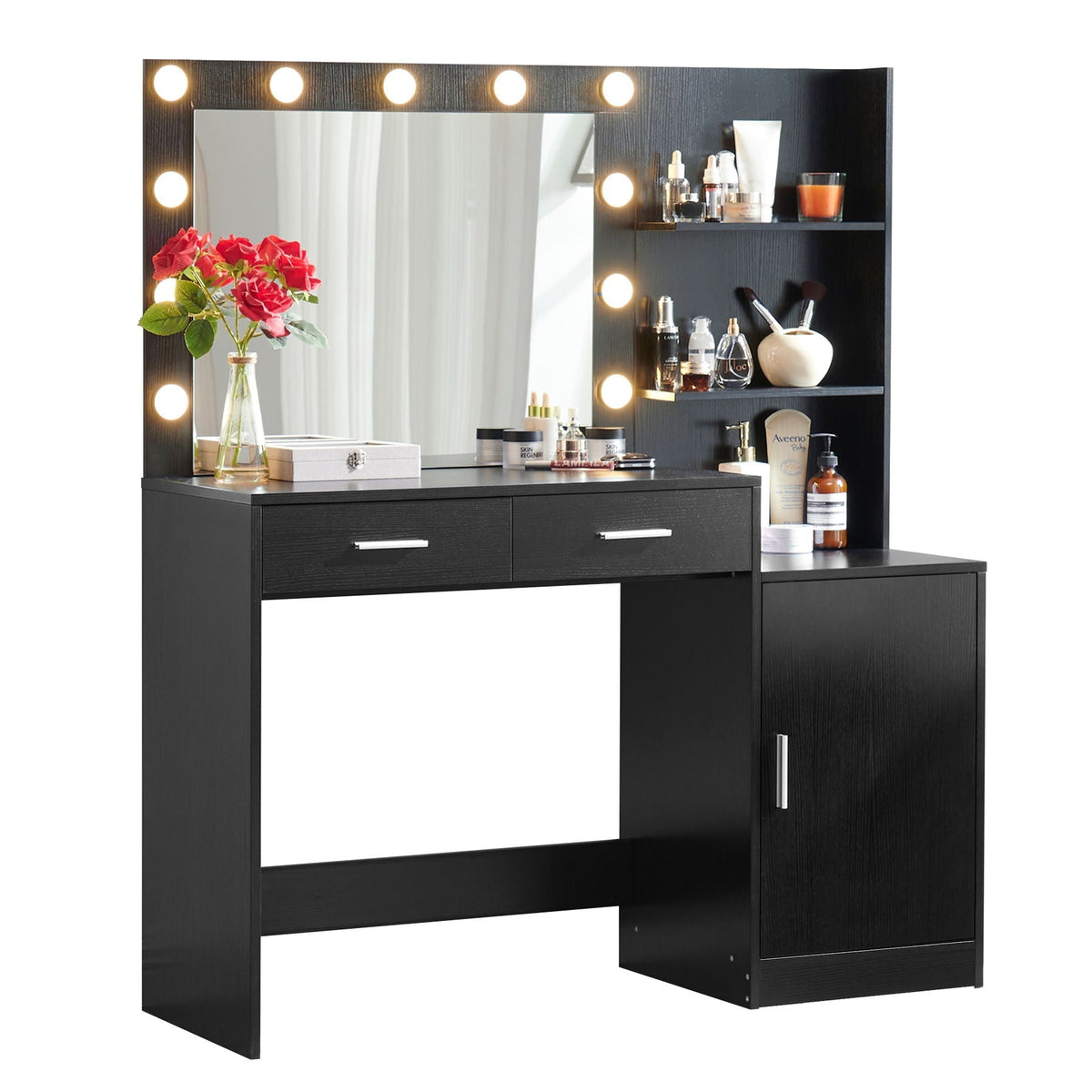 Vanity Desk with Mirror and Adjustable LED Lights - Black or Pink